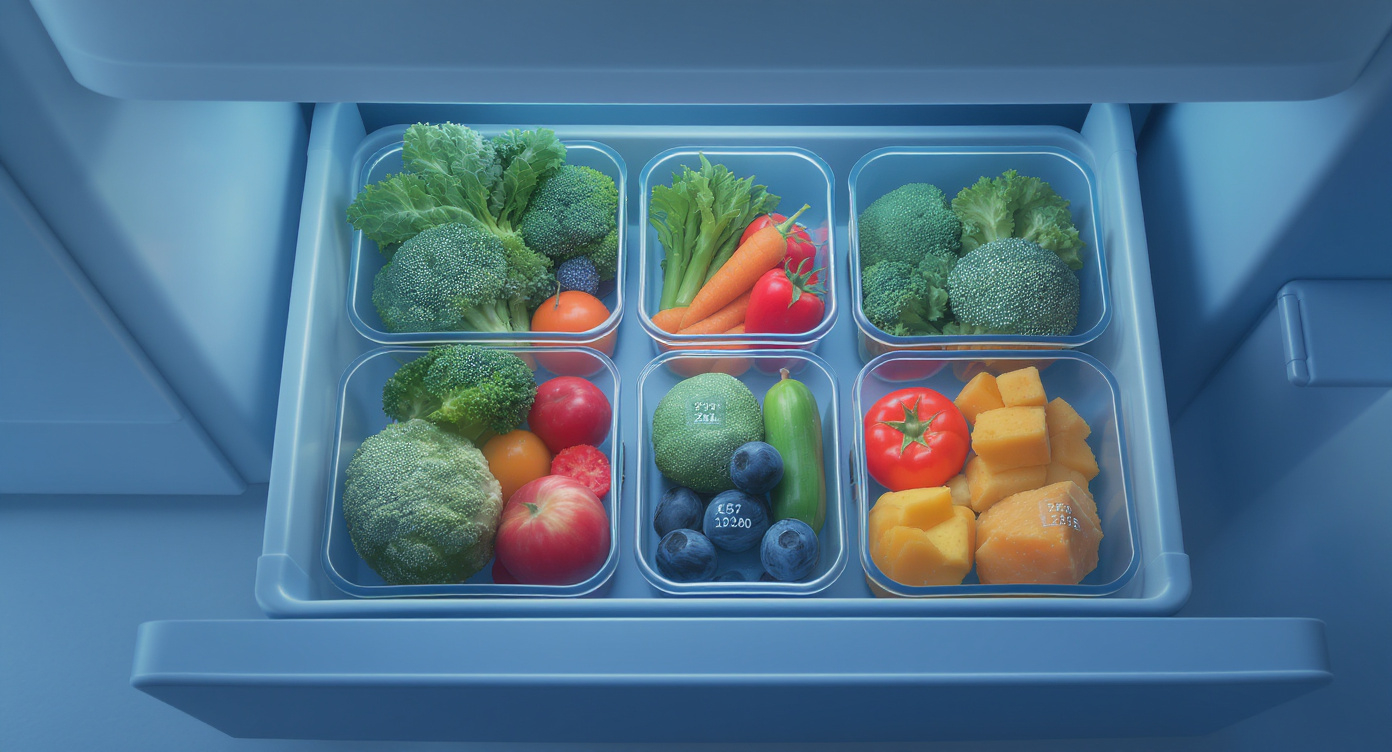 A clear refrigerator drawer showing well-organized produce labeled with dates — the structural fix made visible.