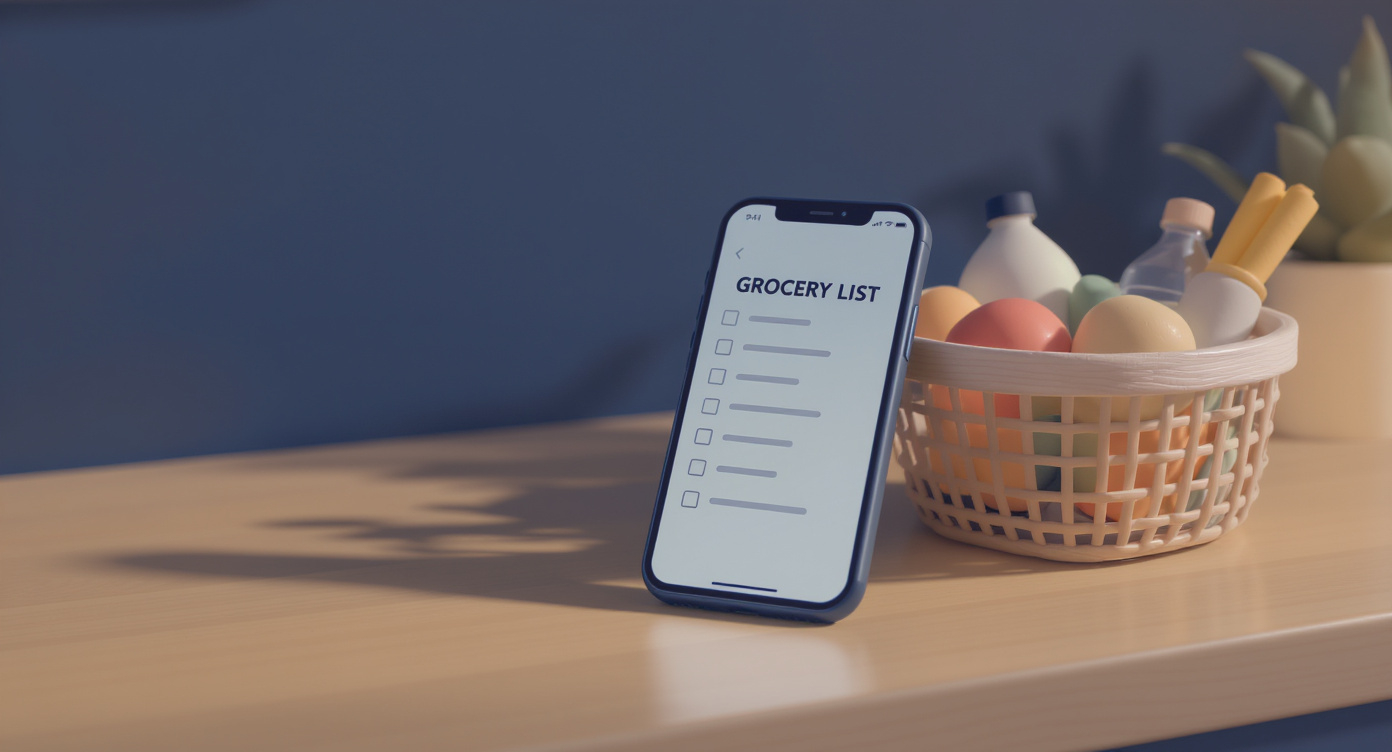 A pre-built grocery list on a phone next to a small organized cart of essentials — the system that prevents impulse exposure.
