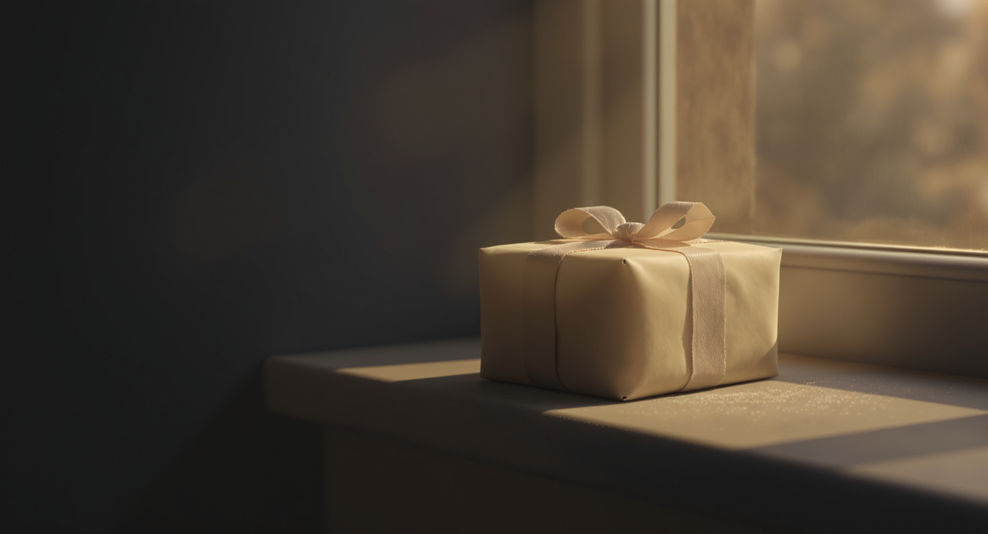A wrapped gift sitting unopened on a windowsill, dust suggesting it has been there a while.