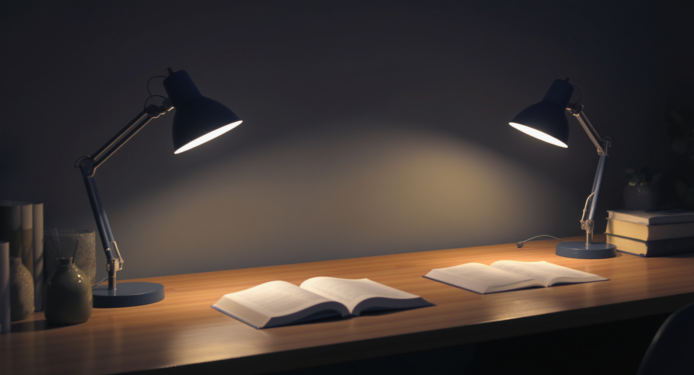Two reading lamps placed side by side on a long desk, each lighting a single book — companionship without conversation.
