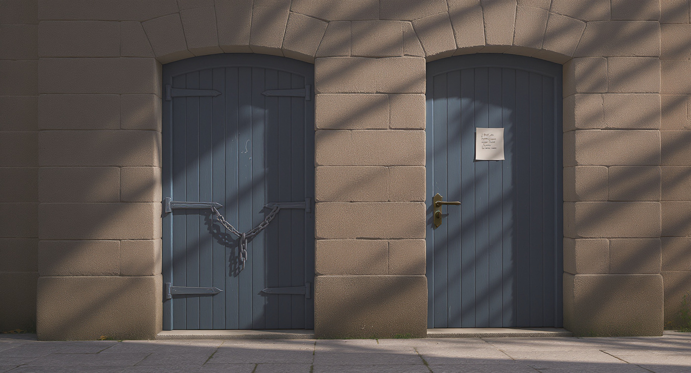 Two locked doors side by side — one with a heavy chain, one with a paper sign. The lock mechanisms differ.