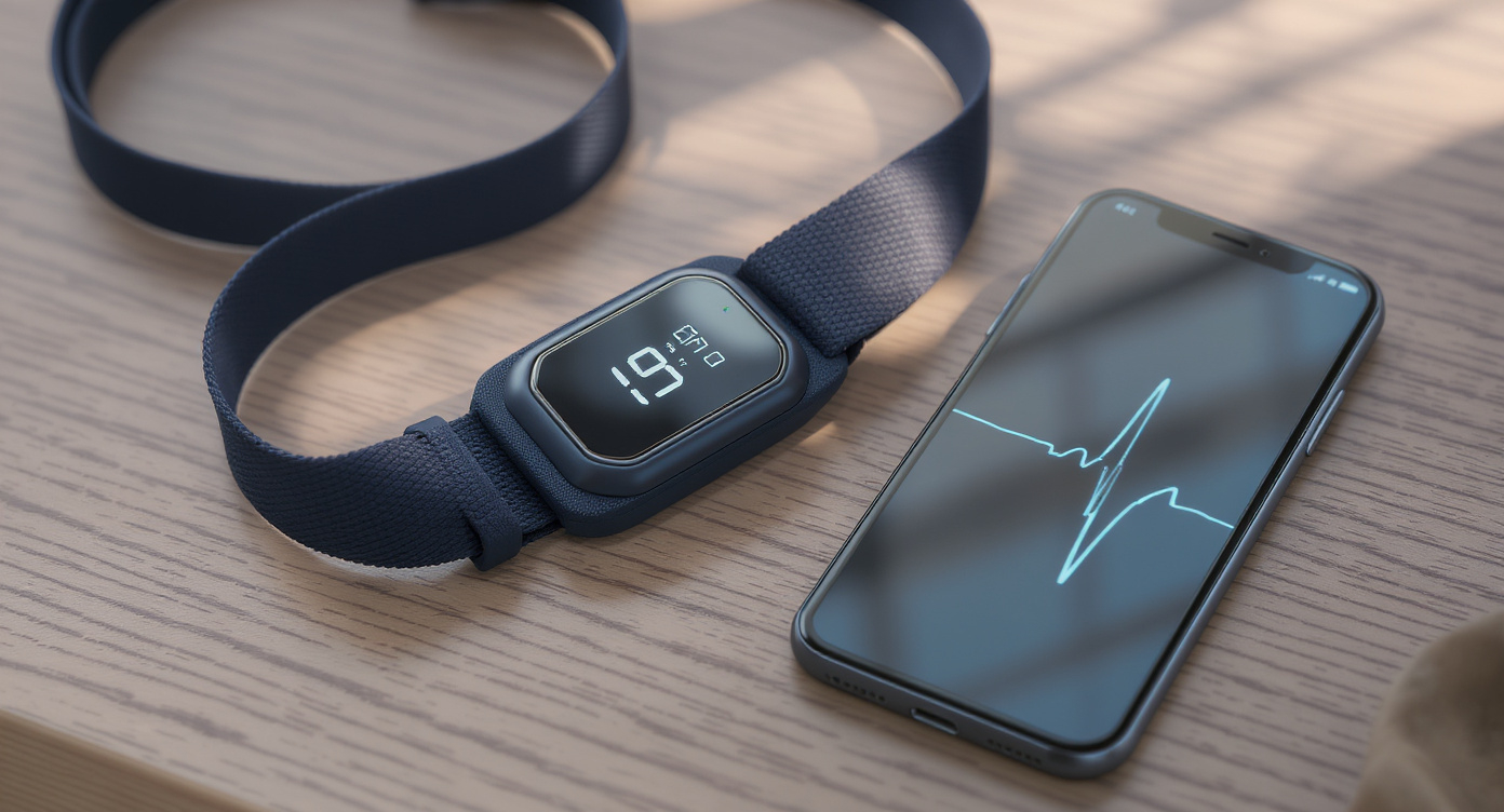 A chest-strap monitor coiled neatly beside a phone displaying a soft waveform — measurement without medicalization.