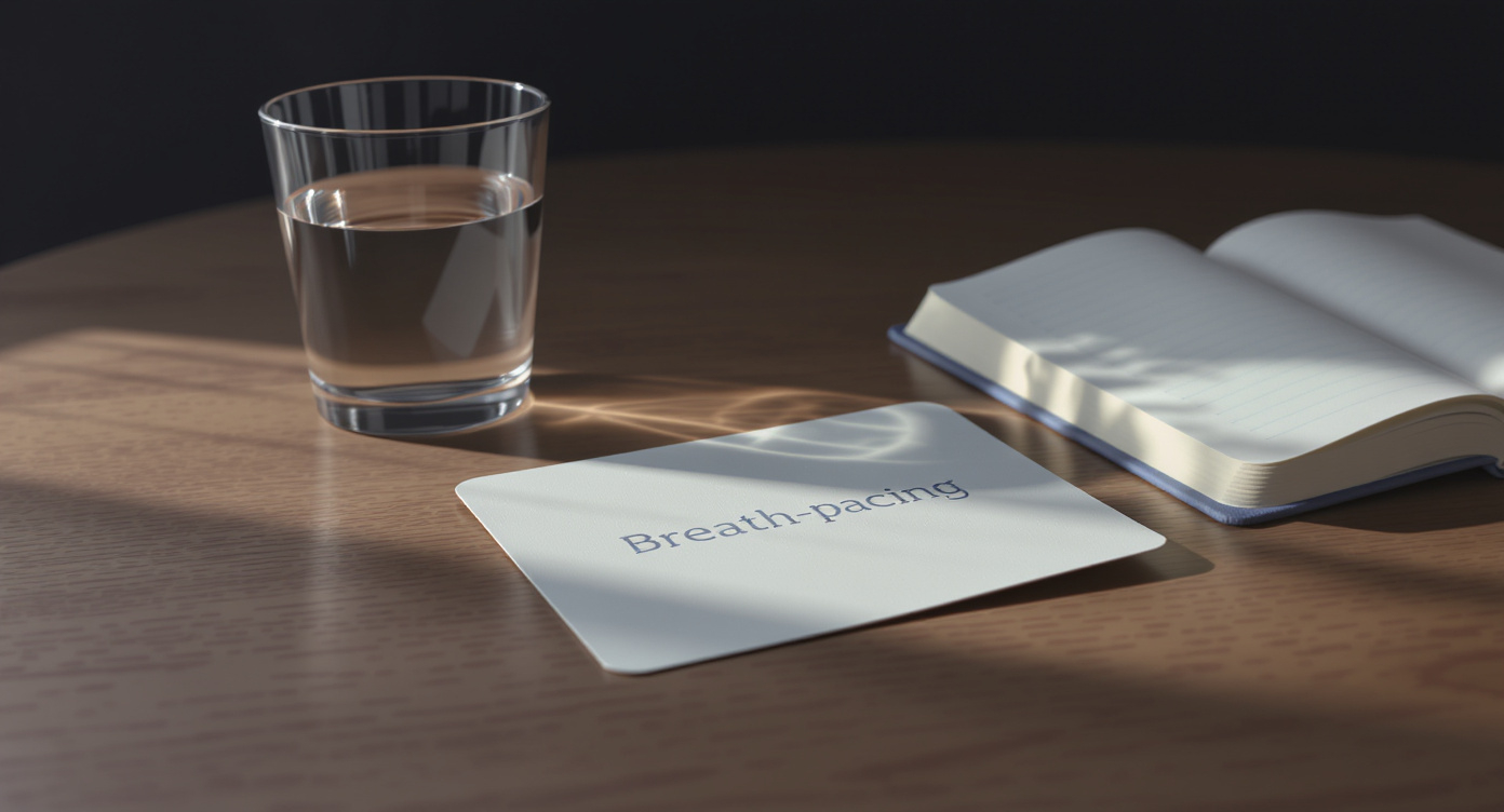 A breath-pacer printed card on a wooden table beside a glass of water — the everyday physical artefacts of HRV training.