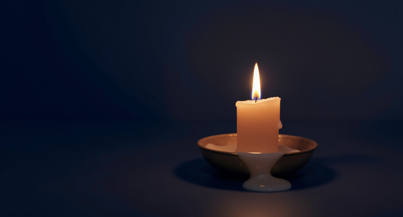 A spent candle in a brass holder, wax pooled, wick still warm — the visual of sustained burn followed by exhaustion.