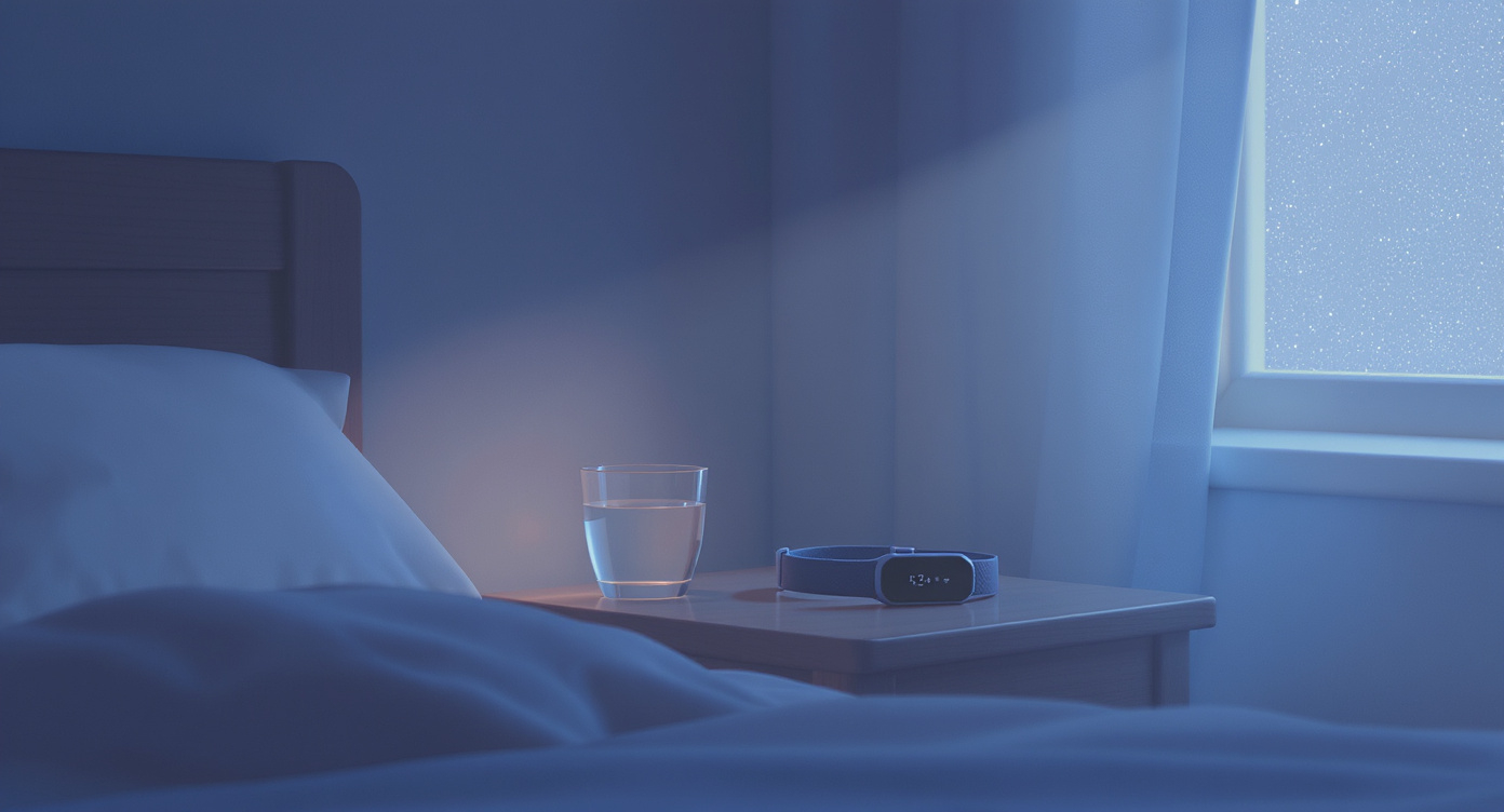 Pre-dawn bedside scene: a sleep tracker on a nightstand, a glass of water, the first edge of light at the window.