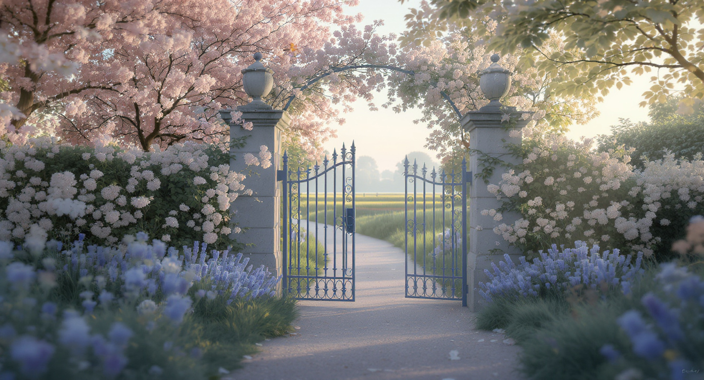 A garden gate slightly ajar with a clear path leading away from it — invitation read as obligation.