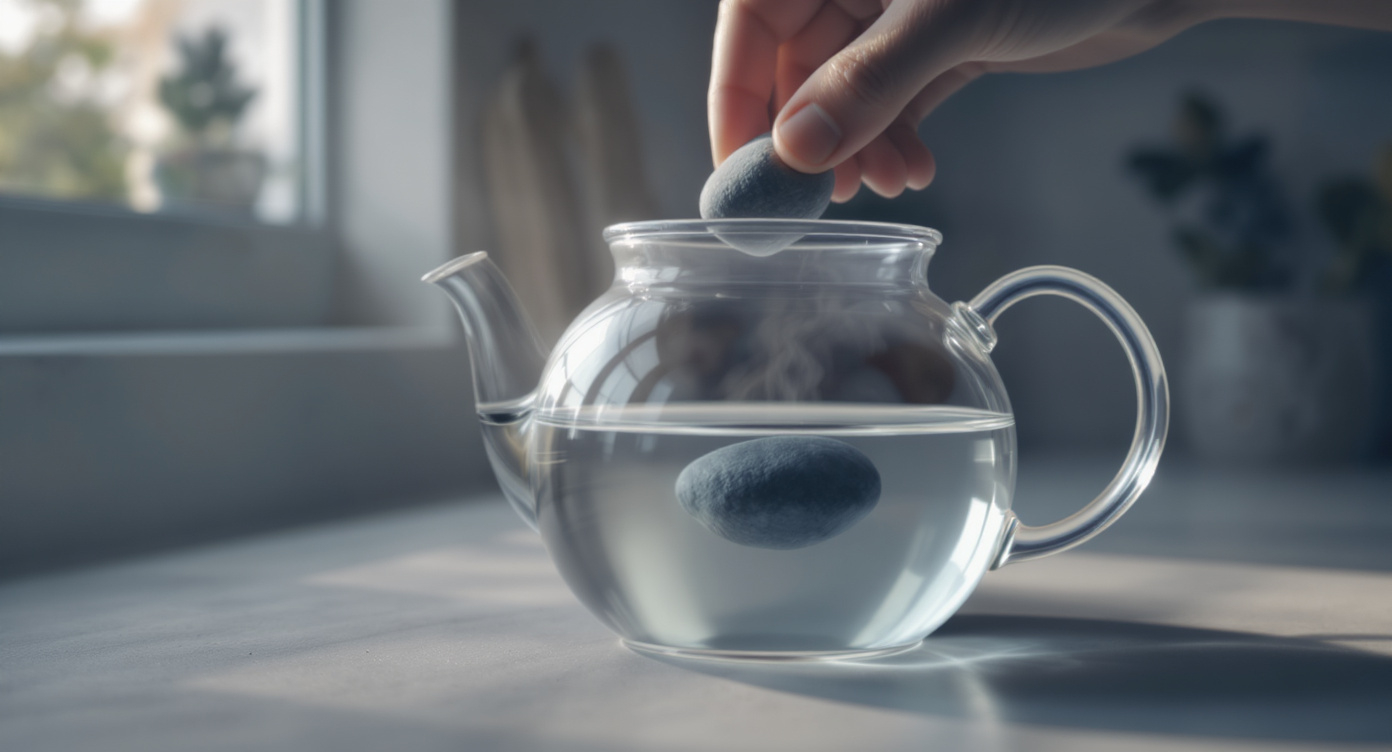 A hand placing a smooth stone into a tea-pot of clear water — the calm act of allowing settling.