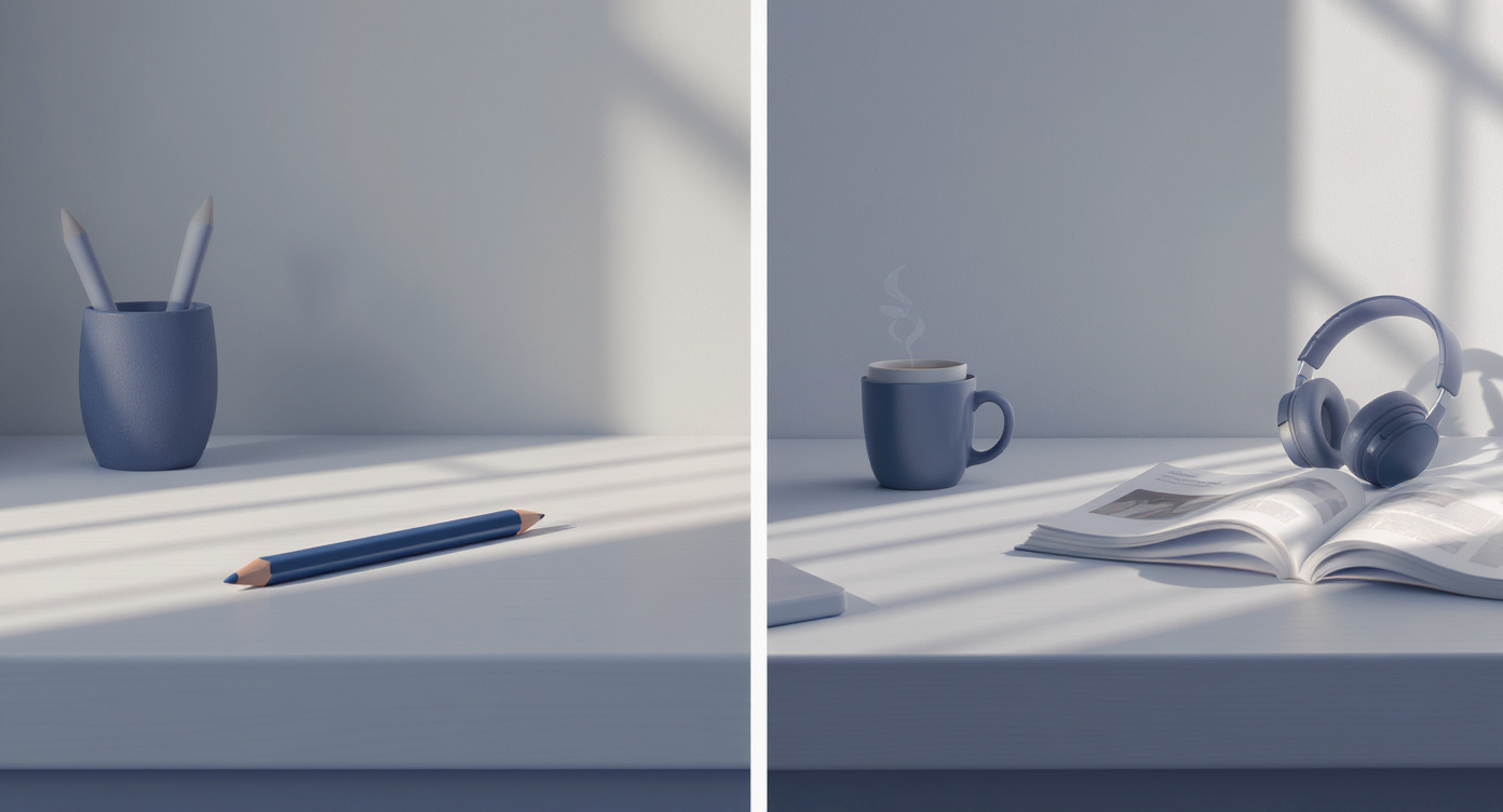 Two contrasting still-lifes side by side: one tidy and frozen, one cluttered with distractions.