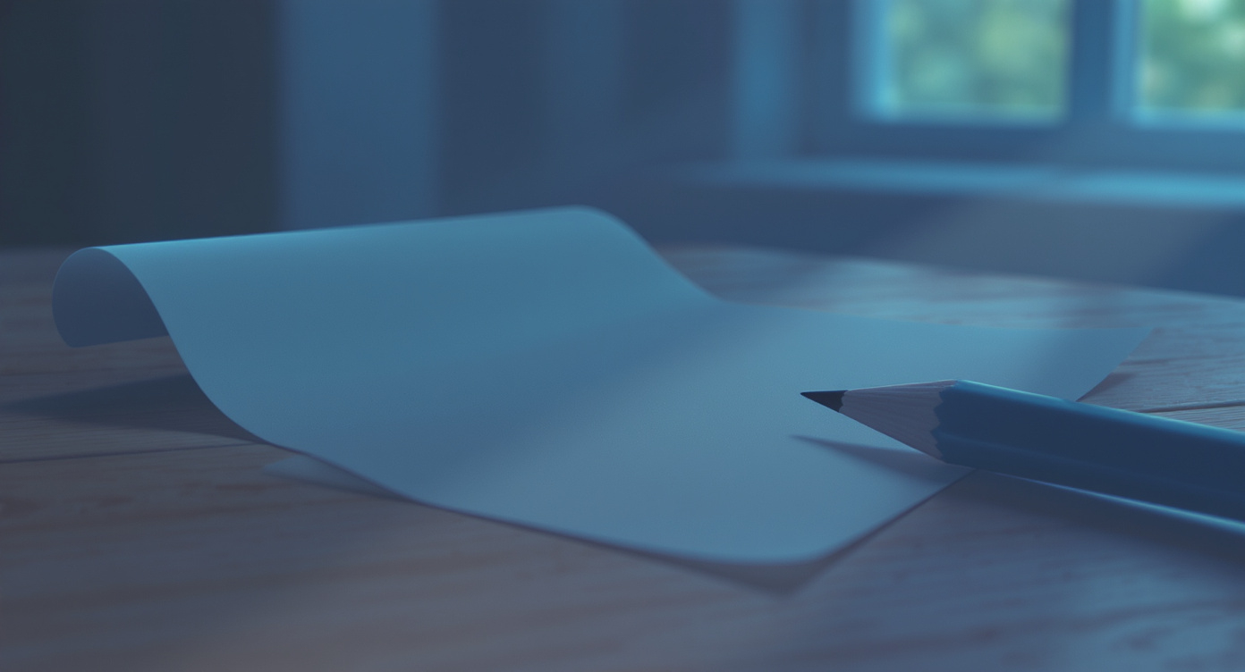 A pencil paused above a blank page, the page slightly curled, the desk otherwise tidy.