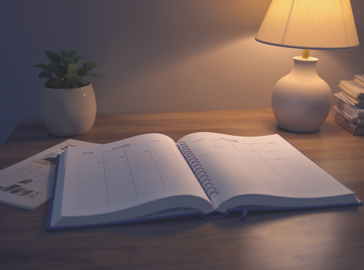 A kitchen table at evening with two open notebooks, a calendar showing a custody pattern, and a single warm lamp — visualizing the coordination of two households without conflict.