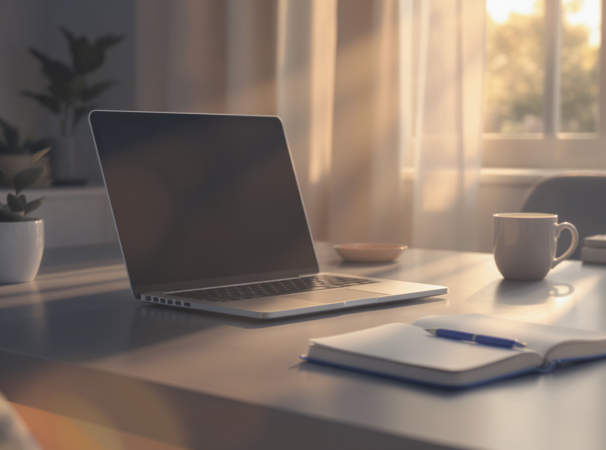 A clean modern home office at golden hour — a closed laptop, a paper notebook with a single check, and a clear desk surface. Suggests overhead handled by the system so the high-leverage thinking can happen.