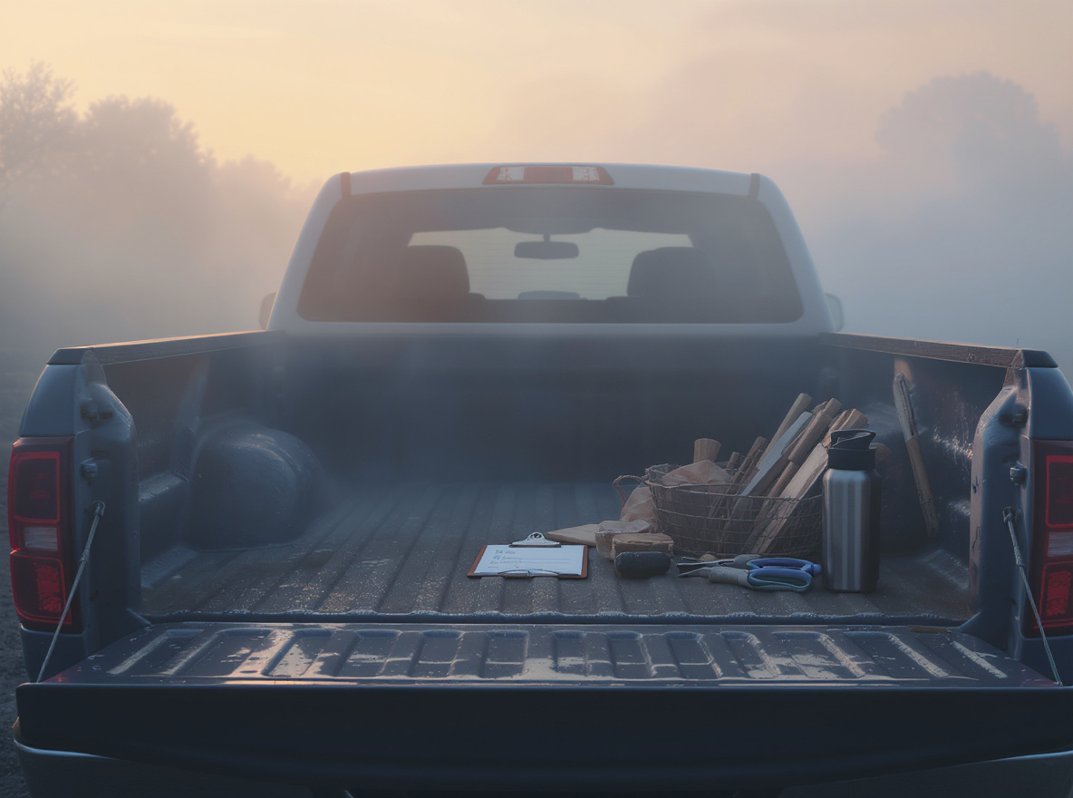 A weathered work truck tailgate at dawn: a clipboard with a job list, a coffee thermos, organized hand tools. Conveys a calm start to a long day with the planning already done.