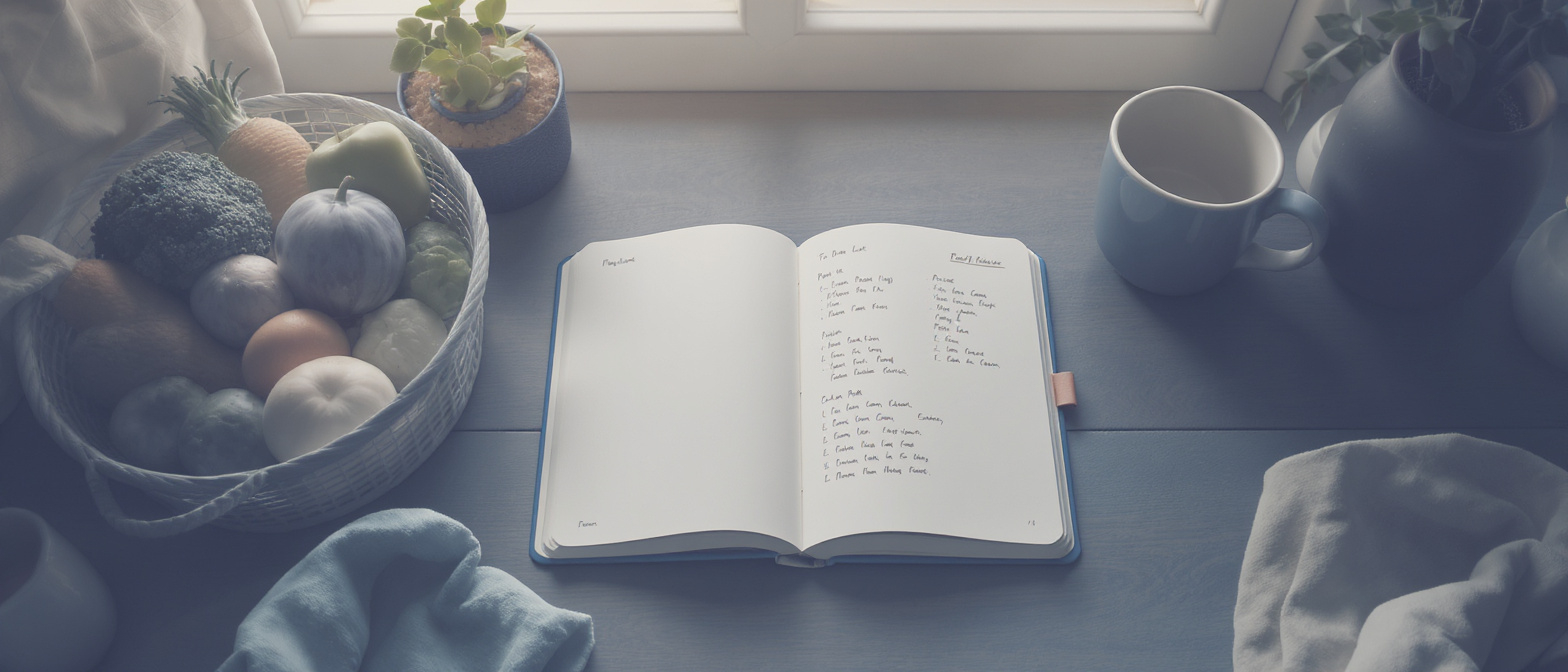 An overhead view of a calm kitchen counter at dawn: a planning notebook, fresh produce arranged unhurriedly, and morning light through a window — visualizing the cognitive load that the platform absorbs.
