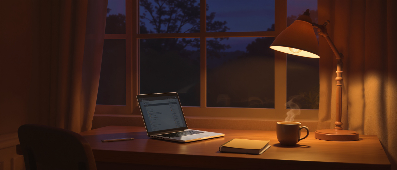 A warm, lamp-lit home workspace at dusk: a desk by a window with a quiet laptop, a single open notebook, and an unhurried mug of tea — evoking the calm of overhead being handled.