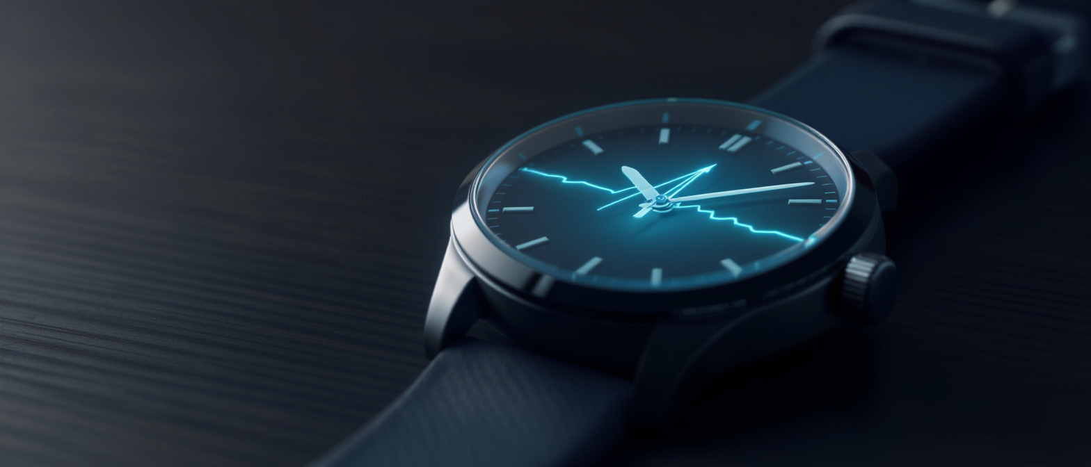 A close-up of a fine analog watch face overlaid with a soft heart-rate trace — the precision of biometric measurement without medical-device sterility.
