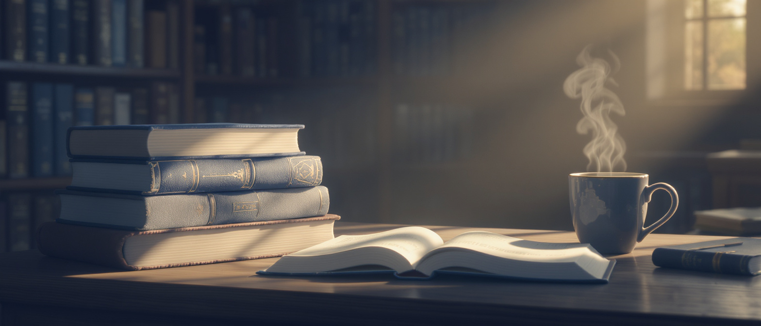 A stack of well-thumbed clinical textbooks beside a notebook and a single steaming mug on a wooden library desk — the visual atmosphere of patient, rigorous study rather than wellness self-help.