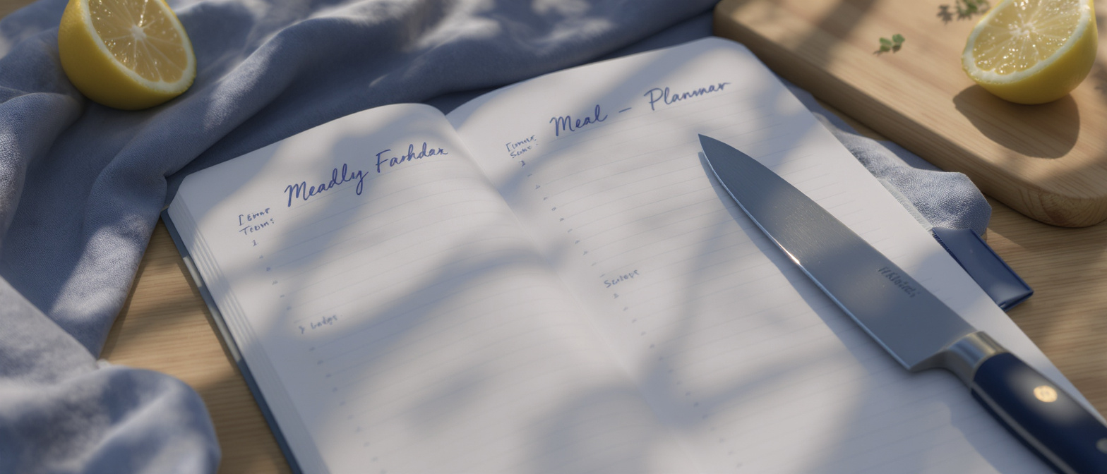 An overhead of an open meal-planner with handwritten notes, a sliced citrus, and the corner of a knife — the cognitive labor of decisions externalized to paper.